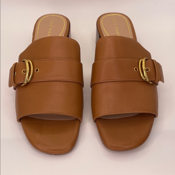 Cole Haan Women's Crosby Slide Dress Sandals Tan Gold Hardware Sandals - Picture 2 of 9